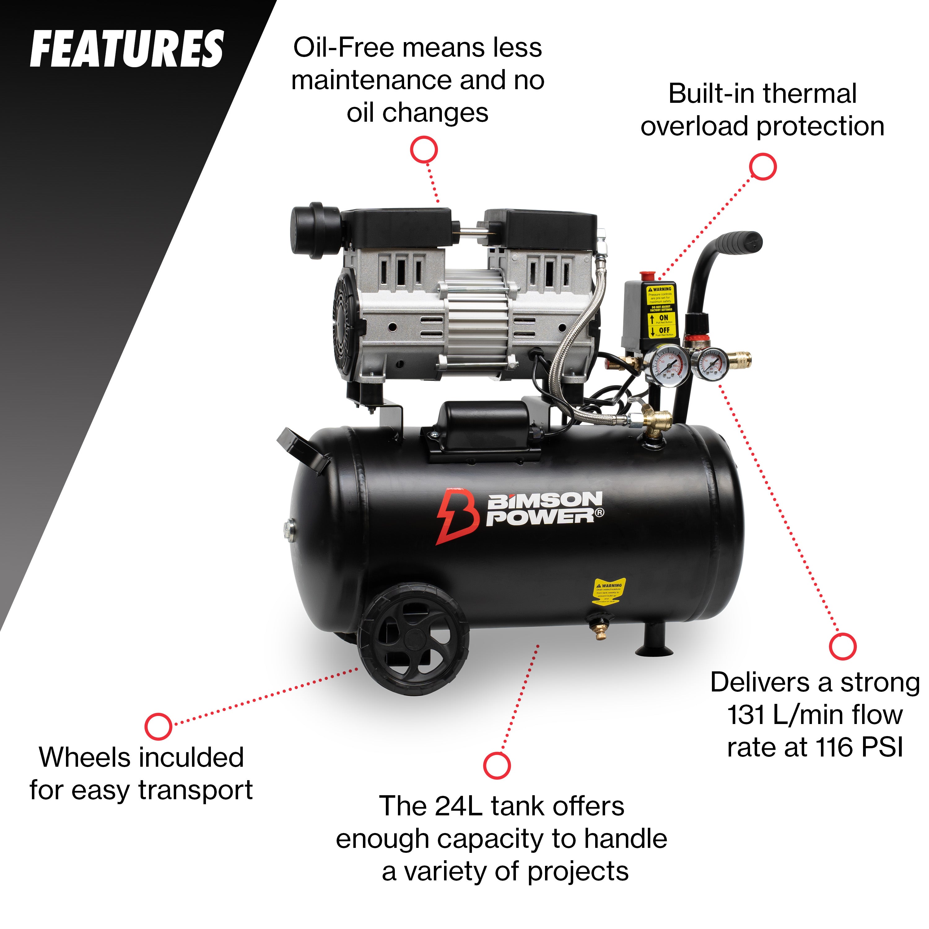 Bimson Power 24L Oil-Free Air Compressor