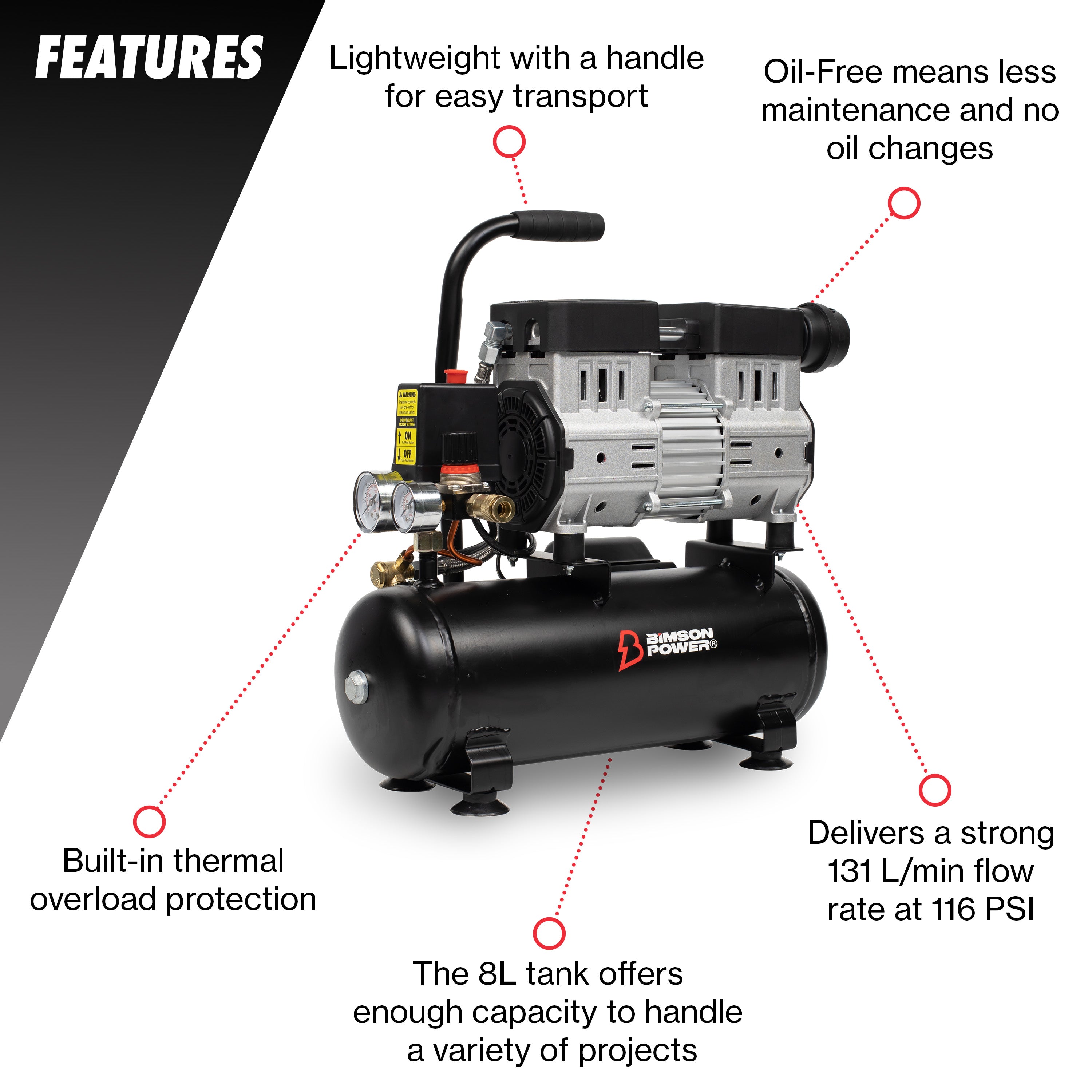 Bimson Power 8L Oil-Free Air Compressor