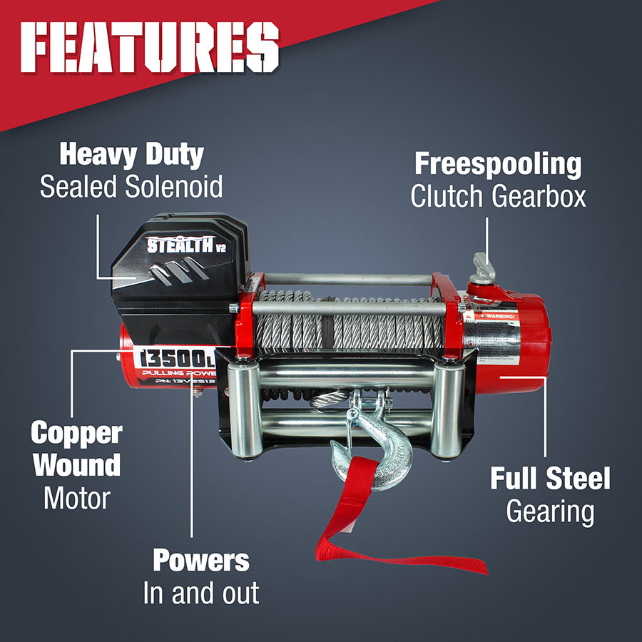 Stealth V2 13500lb Winch - 24v Steel Rope