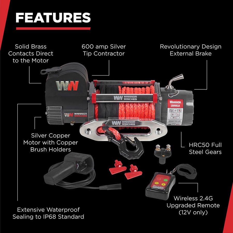 Warrior Samurai V2 Next Gen 12000lb Winch - 12v Synthetic Rope