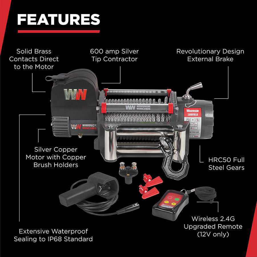 Warrior Samurai V2 Next Gen 12000lb Winch - 24v Steel Rope